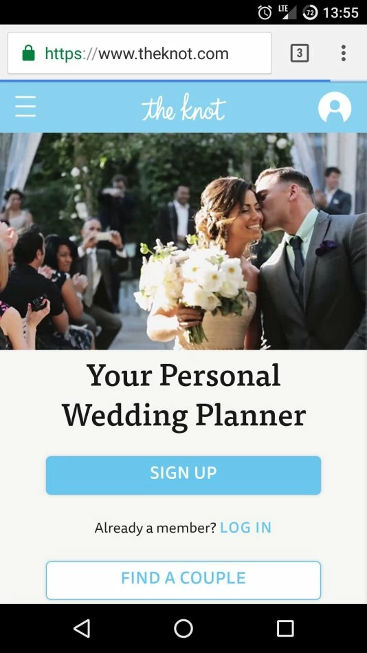 Первый экран адаптированного сайта theknot.com Первый экран адаптированного сайта theknot.com