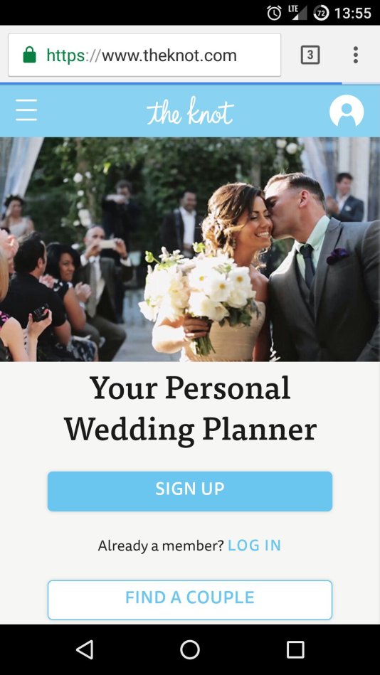 Первый экран адаптированного сайта theknot.com Первый экран адаптированного сайта theknot.com